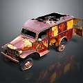 Rusty Old Truck With Red And Yellow Rusty Body Open Doors And Damaged Roof