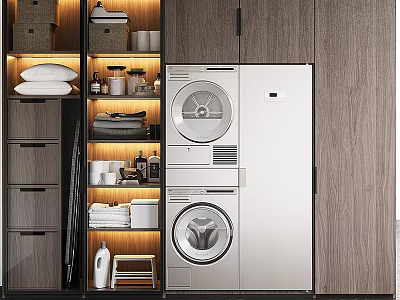 Modern Laundry Room With Washer Dryer Storage Cabinets And Organized Supplies 3d model