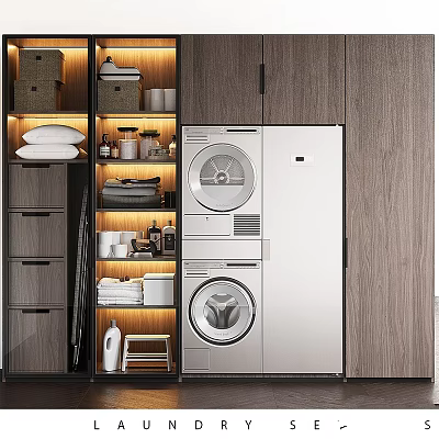 Modern Laundry Room With Washer Dryer Storage Cabinets And Organized Supplies 3d model