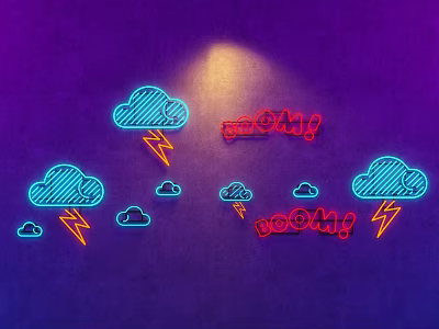 Vibrant Neon Decorative Lights with Clouds Lightning Bolts and Pow Boom Text on Purple Background 3d model