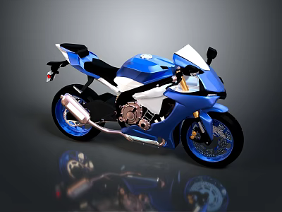 Blue And White Sport Motorcycle With Sleek Design And Blue Wheels On Reflective Surface 3d model