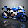 Blue And White Sport Motorcycle With Sleek Design And Blue Wheels On Reflective Surface
