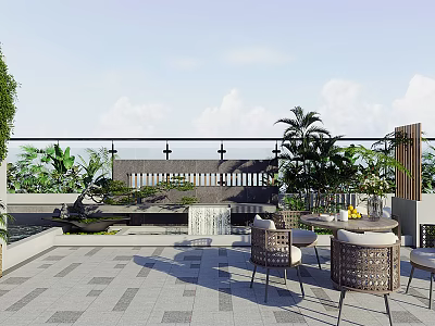 Rooftop Garden With Gray Tiles Wicker Dining Set Palm Trees Greenery Water Fountain And Railing 3d model