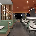 Inviting Orange Restaurant Interior With Refrigerator Case Wine Rack Green Bench And Ceiling Lights 3d model