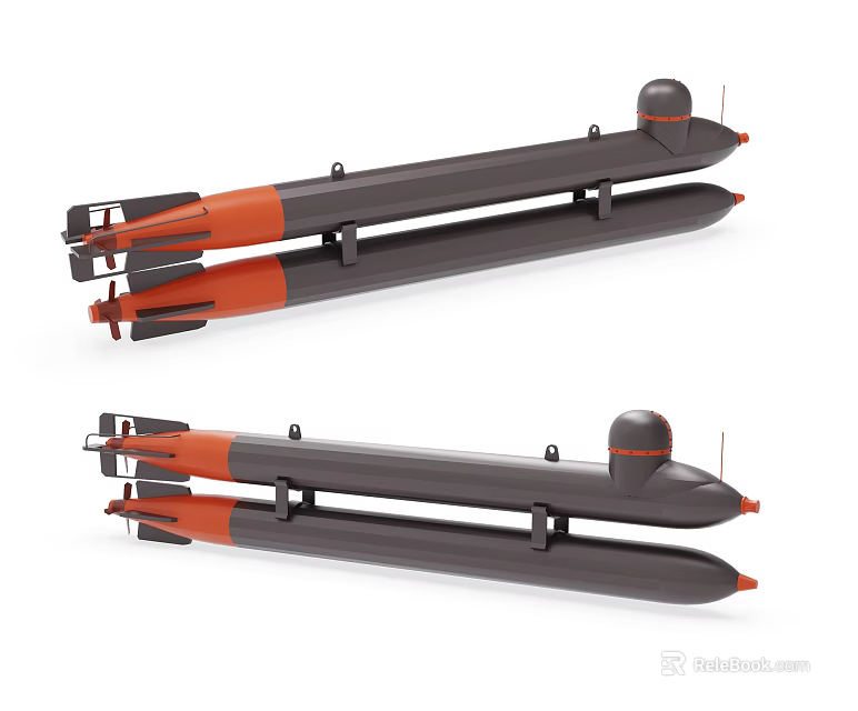 Two Black And Orange Military Torpedo Weapons With Cylindrical Body Design 3d model 