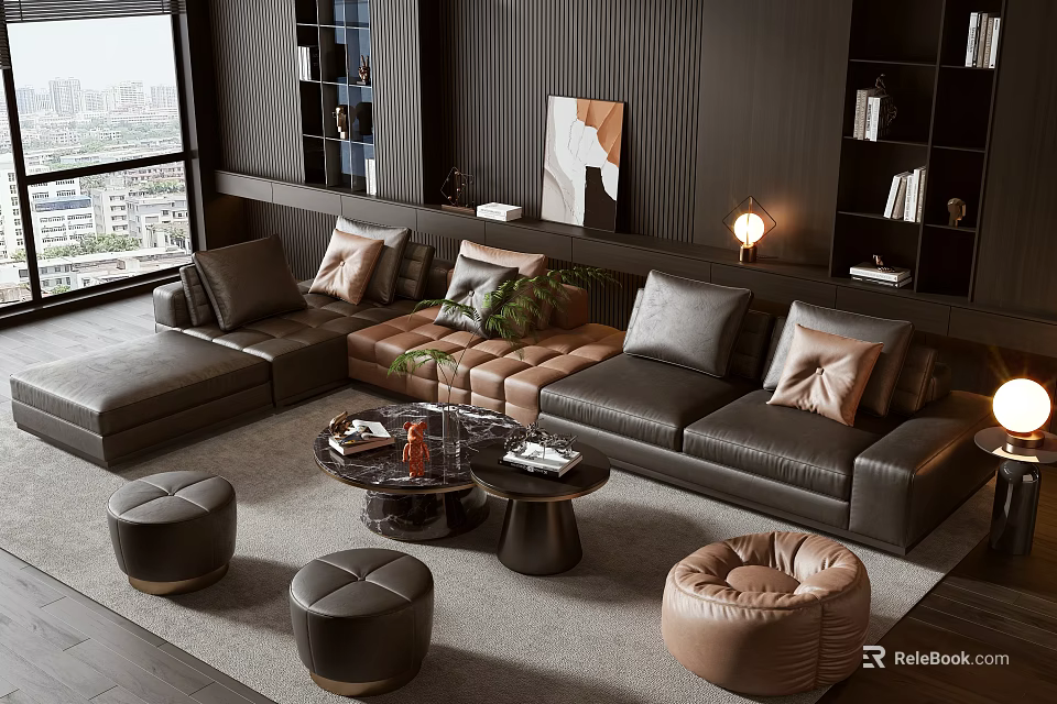 Modern Leather Sofa Coffee Table Set With Pillows Ottomans And City View 3d model 