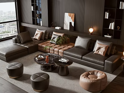 Modern Leather Sofa Coffee Table Set With Pillows Ottomans And City View 3d model