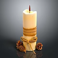 White Decorative Candle With Twine Wrapped Design And Pinecones At Base