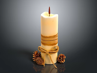 White Decorative Candle With Twine Wrapped Design And Pinecones At Base 3d model