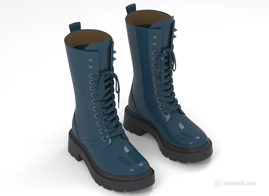 Shiny Blue Knee High Boots With Lace Up Design And Chunky Black Soles 3d model 