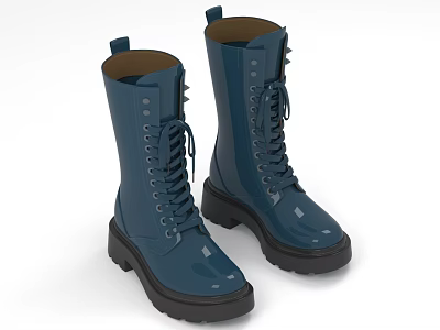 Shiny Blue Knee High Boots With Lace Up Design And Chunky Black Soles 3d model