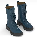 Shiny Blue Knee High Boots With Lace Up Design And Chunky Black Soles