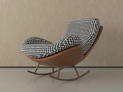 Modern Rocking Chair Featuring Black White Houndstooth Pattern Brown Frame Curved Design 3d model