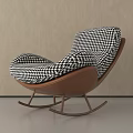Modern Rocking Chair Featuring Black White Houndstooth Pattern Brown Frame Curved Design
