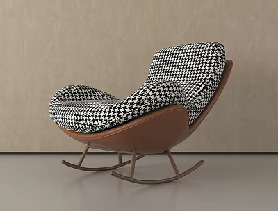 Modern Rocking Chair Featuring Black White Houndstooth Pattern Brown Frame Curved Design 3d model