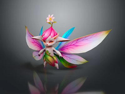 Cute Fantasy Fairy Creature With Pink Hair Flower On Head Colorful Wings Green Pink Body 3d model