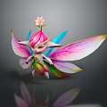 Cute Fantasy Fairy Creature With Pink Hair Flower On Head Colorful Wings Green Pink Body