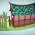 Chinese Style Pavilion Furniture With Wooden Shelves Green Tiled Roof Red Frame And Lanterns