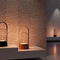 Ornamental Decorative Set With Glass Shades Wooden Black Bases And Candle Light On Display Shelf