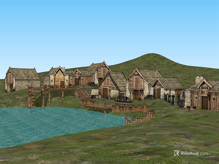 Scenic Group of Traditional Wooden Houses Surrounded by Green Grass Blue Water and Hills 3d model 