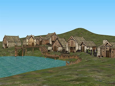 Scenic Group of Traditional Wooden Houses Surrounded by Green Grass Blue Water and Hills 3d model