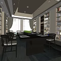 Elegant Club Meeting Room With Large Wooden Table Built in Bookshelves And Green Outdoor View
