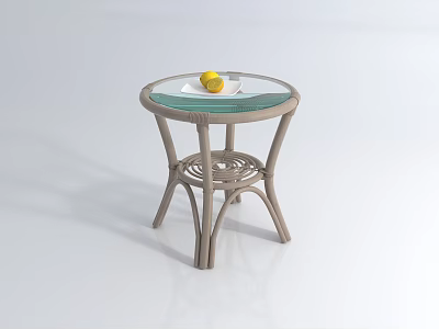 Round Glass Top Coffee Table With Light Brown Woven Frame And Yellow Lemon 3d model