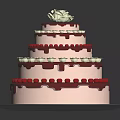 Three Tier White Cream Cake With Red Decorations And White Flower On Top
