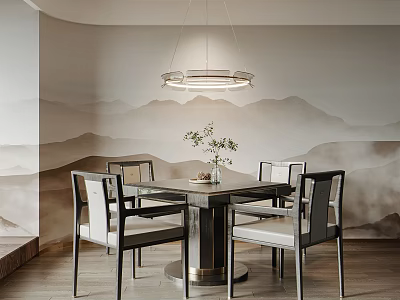 Entertainment Table with Chairs and Mountain Landscape Wallpaper plus Hanging Lamp and Vase with Flowers 3d model