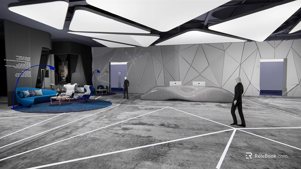 Modern Lounge Area With Geometric Ceiling Sofa Carpet And Gray Floor Design 3d model 