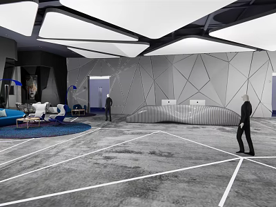 Modern Lounge Area With Geometric Ceiling Sofa Carpet And Gray Floor Design 3d model