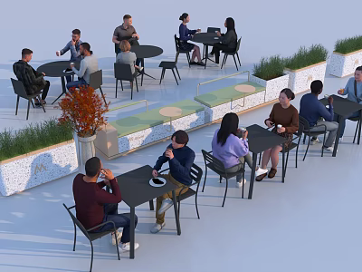Outdoor Landscape Seating Area With Green Plants And People Socializing Together 3d model