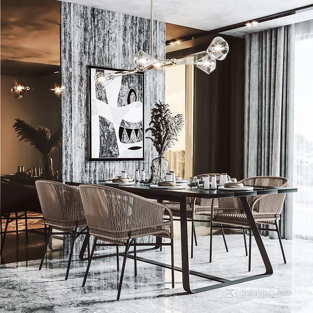 Modern Dining Table Combination With Woven Chairs And Minimalist Chandelier Decor 3d model 