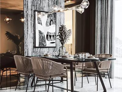 Modern Dining Table Combination With Woven Chairs And Minimalist Chandelier Decor 3d model