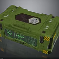 Green Sci Fi Storage Crate With Inventory Label Digital Display And Warning Stripes