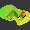 Cartoon Scene of Ancient Stone Building with Multiple Chimneys Green Grass Base and Front Structure