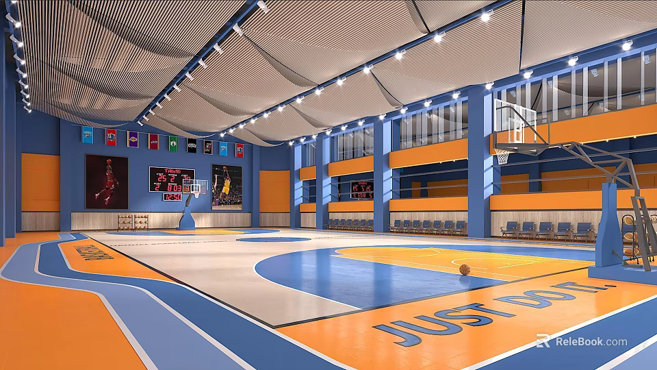 Modern Indoor Basketball Court With Hoop Spectator Seats Scoreboard And Flags 3d model 