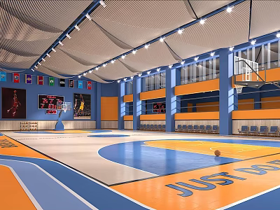 Modern Indoor Basketball Court With Hoop Spectator Seats Scoreboard And Flags 3d model