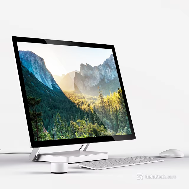 Sleek Desktop Computer Monitor Displaying Mountain Forest Natural Scenery With Keyboard And Mouse 3d model 