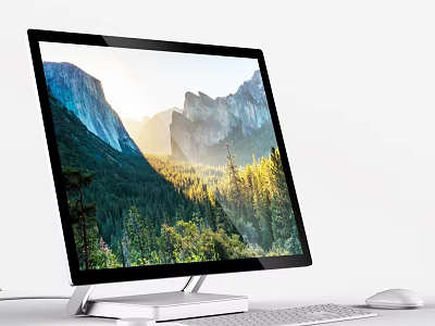 Sleek Desktop Computer Monitor Displaying Mountain Forest Natural Scenery With Keyboard And Mouse 3d model