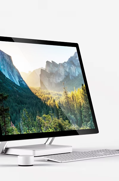Sleek Desktop Computer Monitor Displaying Mountain Forest Natural Scenery With Keyboard And Mouse 3d model