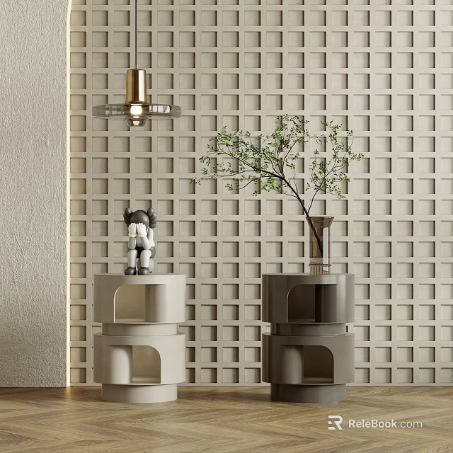 Layered Design Side Tables in Light and Dark Gray with Grid Wall Vase Green Plant and Small Decor 3d model 