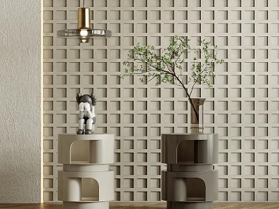Layered Design Side Tables in Light and Dark Gray with Grid Wall Vase Green Plant and Small Decor 3d model