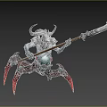 Game Movie Character Horned Warrior With Giant Decorated Spear Armored Body And Red Clawed Feet