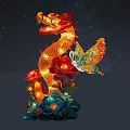 Vibrant Colorful Illuminated Dragon Landscape Sculpture With Lotus Flowers And Butterfly