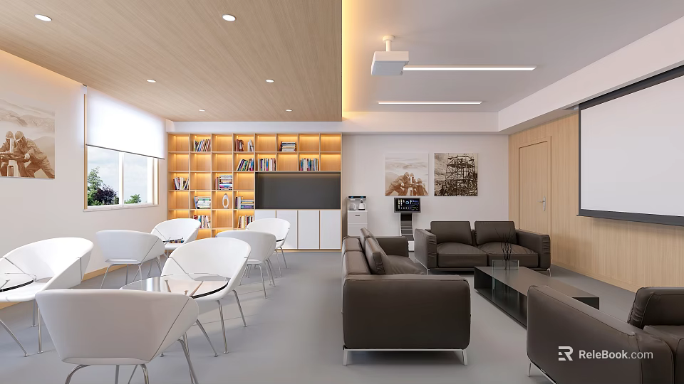 Modern Lounge Area Interior Design With Bookshelf Brown Sofas Tables Chairs Projector And Window 3d model
