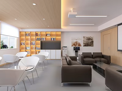 Modern Lounge Area Interior Design With Bookshelf Brown Sofas Tables Chairs Projector And Window 3d model