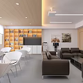 Modern Lounge Area Interior Design With Bookshelf Brown Sofas Tables Chairs Projector And Window 3d model