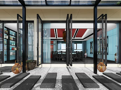 Chinese Style Private Room Interior With Red Ceiling Blue Cabinets And Wooden Tables 3d model