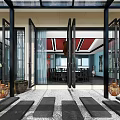 Chinese Style Private Room Interior With Red Ceiling Blue Cabinets And Wooden Tables